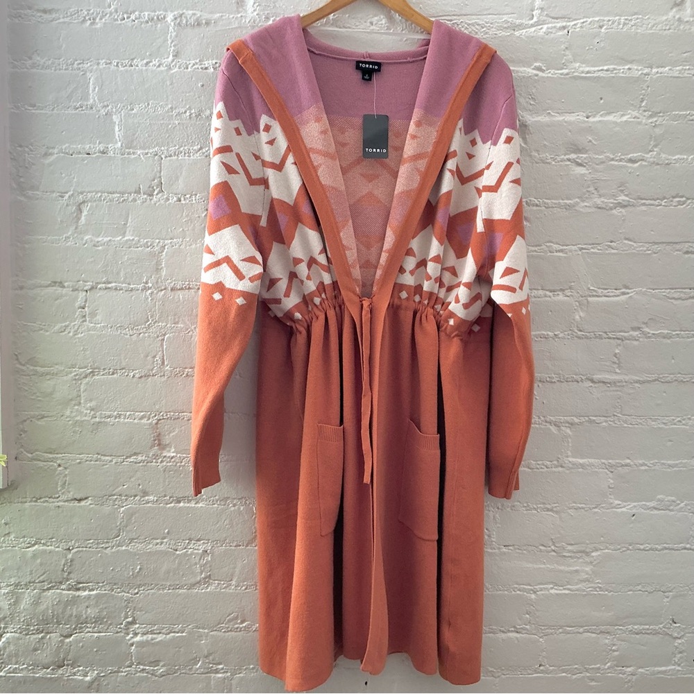 NWT Torrid Hooded Cardigan Duster Cinched Waist Orange Pink Print Boho Cozy Sz 2 - Picture 6 of 15